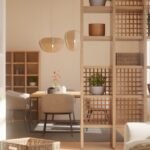 Japandi furniture in a modern living room with natural light and wooden accents