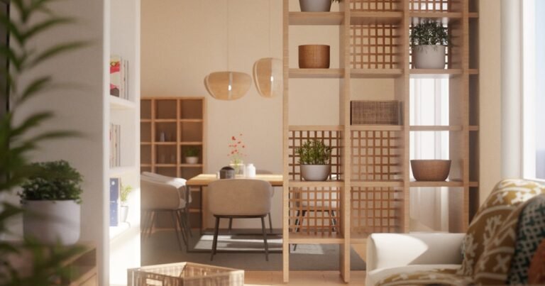 Japandi furniture in a modern living room with natural light and wooden accents