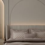 Japandi rug in a modern bedroom with an arched headboard and neutral decor