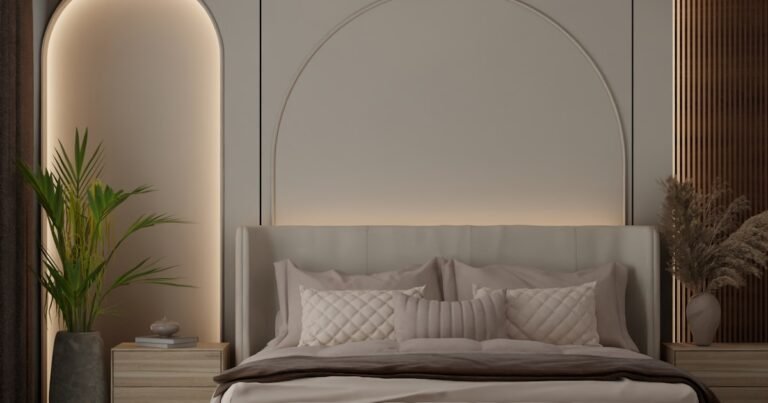 Japandi rug in a modern bedroom with an arched headboard and neutral decor