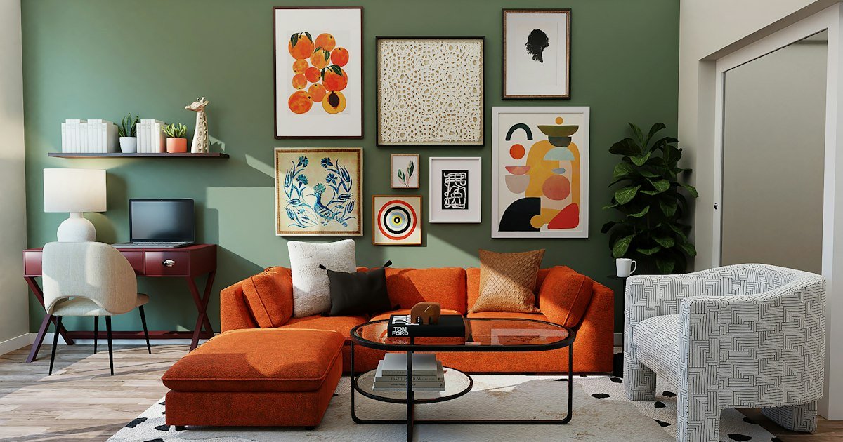 Throw pillows in warm fall colors on a sofa