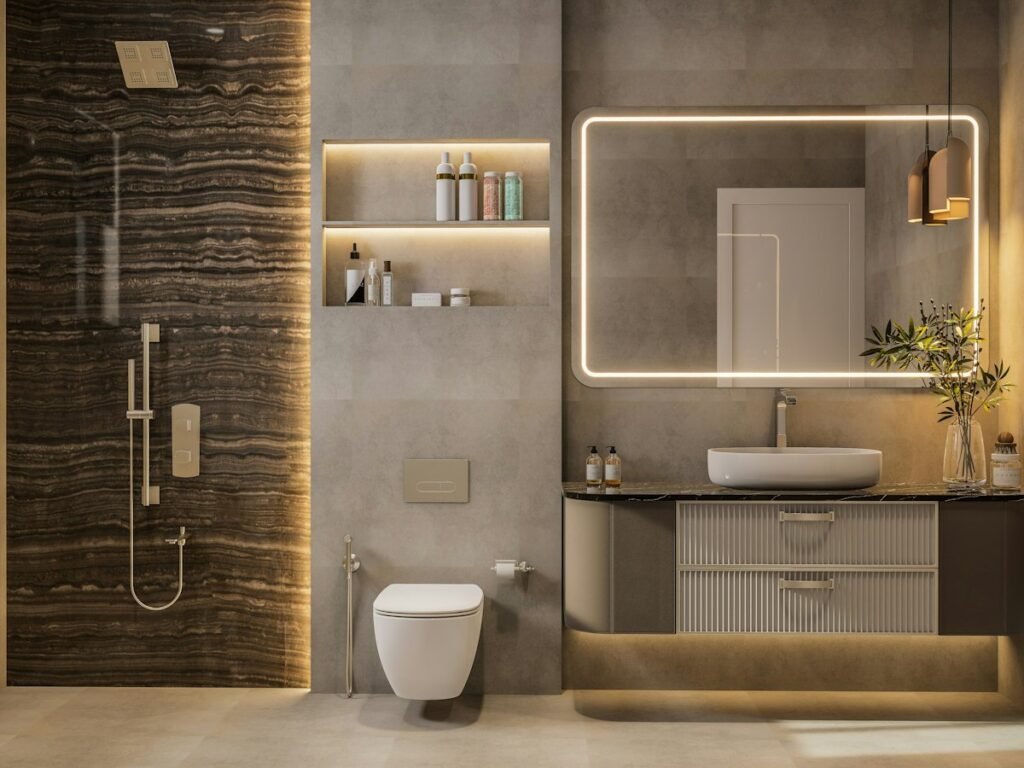 Bathroom with warm, layered lighting