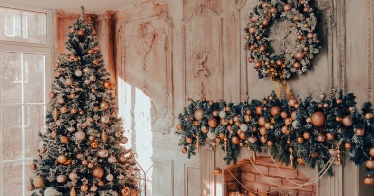 Living room with fireplace showing christmas tree decorating ideas in warm neutral tones