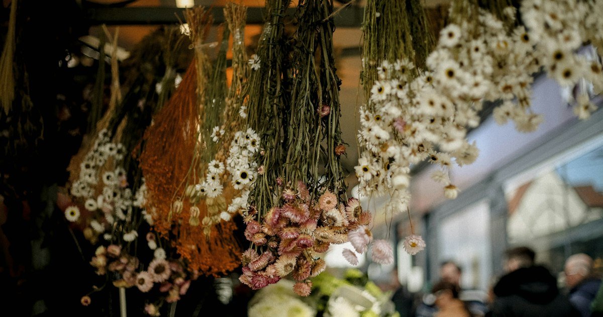 Bunch of dried flowers hanging from the ceiling