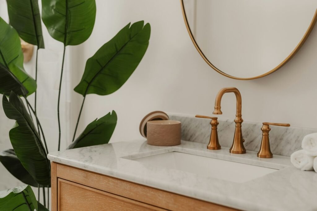 Bathroom sink with a brass faucet and a green plant