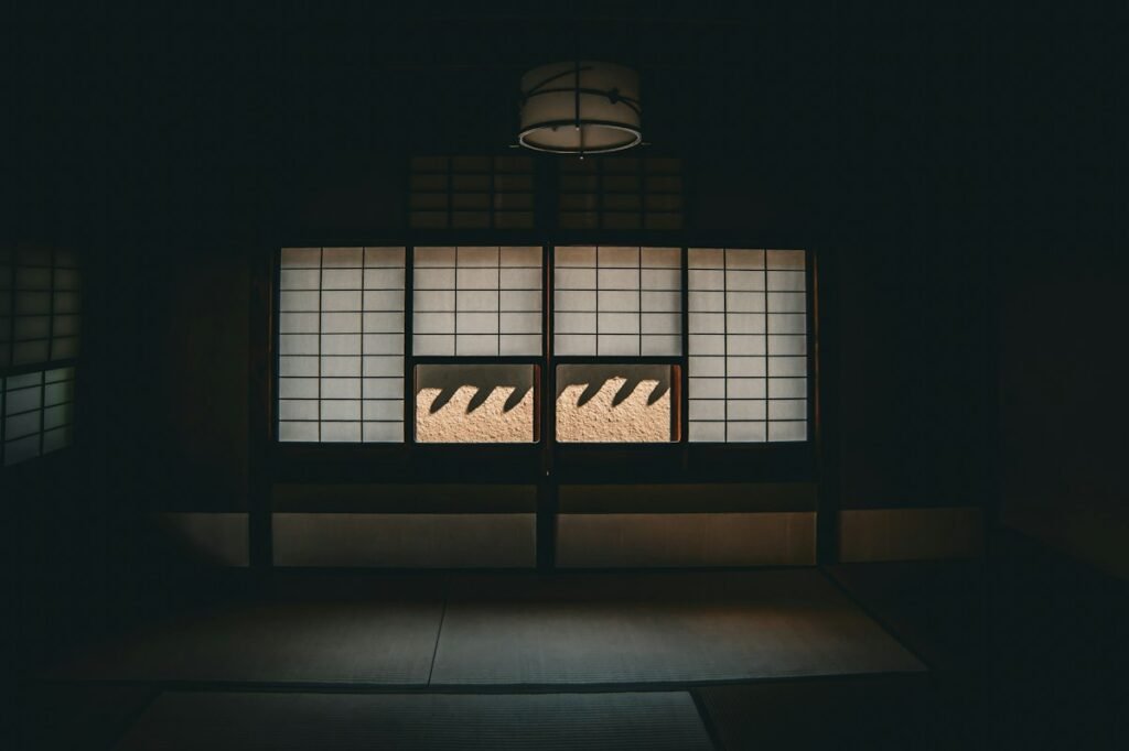 Traditional Japanese room with shoji screen windows