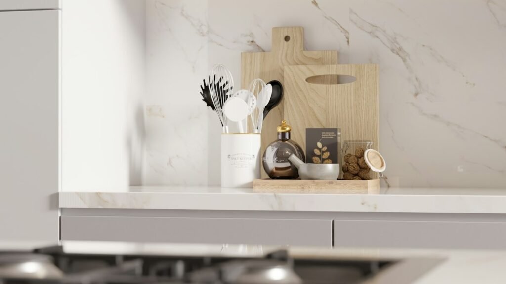 Kitchen counter with cutting boards and utensils