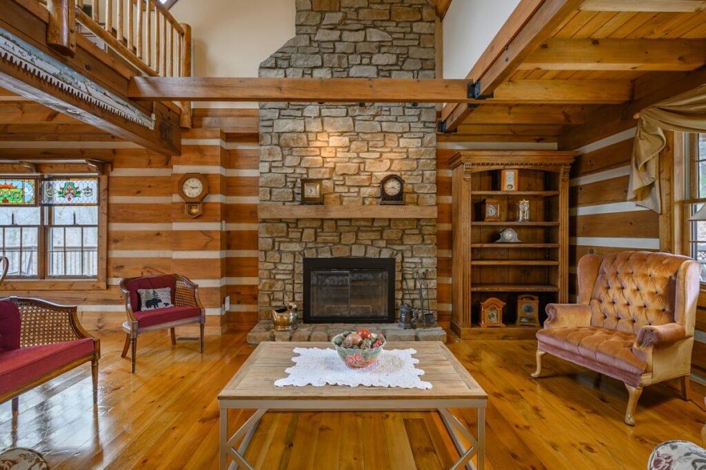 Cabin living room with a fireplace