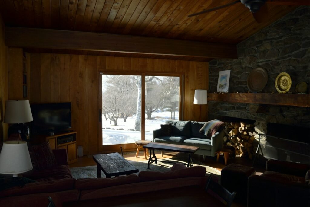 Living room with furniture and a fireplace