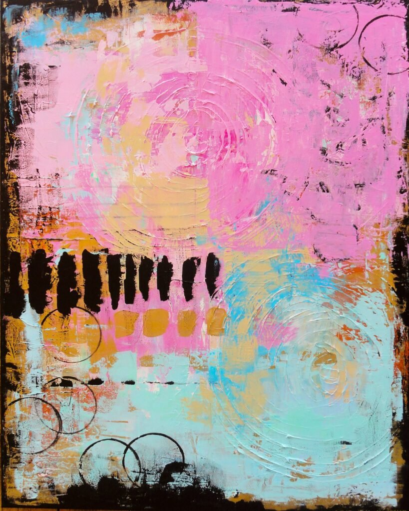 Abstract red and white circle painting, similar to a bubble wrap print made with acrylic paint