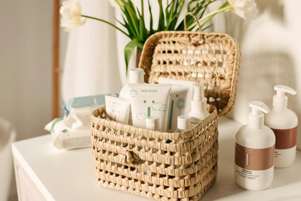 A wicker basket holding toiletries on a white bathroom counter beside the sink, a cheap bathroom decor idea