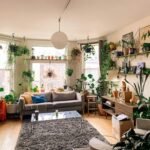 DIY room decor for small apartments: a bright living room with hanging plants, plank wall shelves and a shag rug