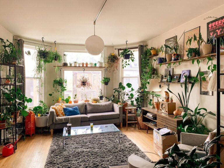 DIY room decor for small apartments: a bright living room with hanging plants, plank wall shelves and a shag rug