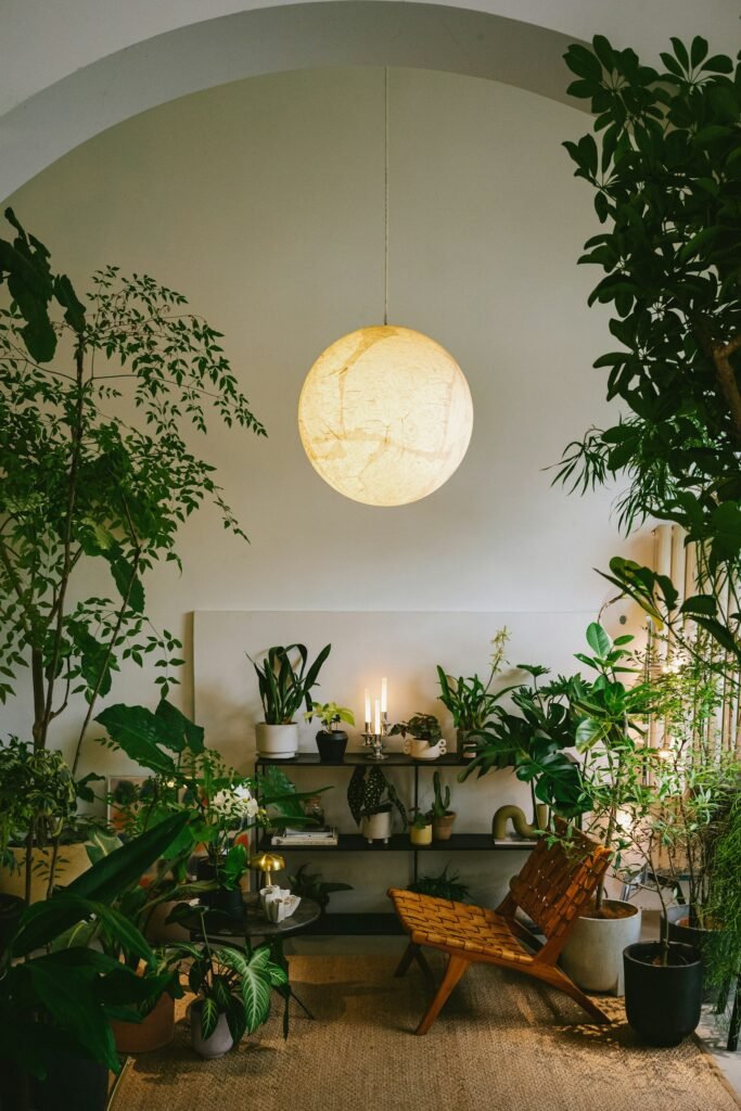 Small apartment corner with a paper globe pendant, a low metal shelf, a sling chair and potted plants
