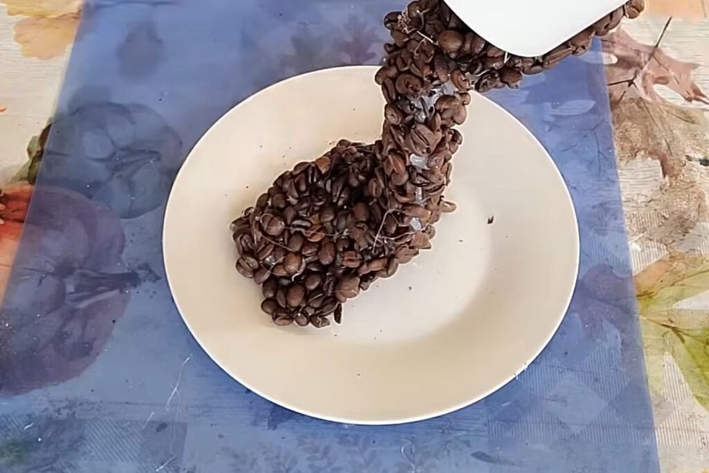 A finished bean cascade on a white saucer seen from above
