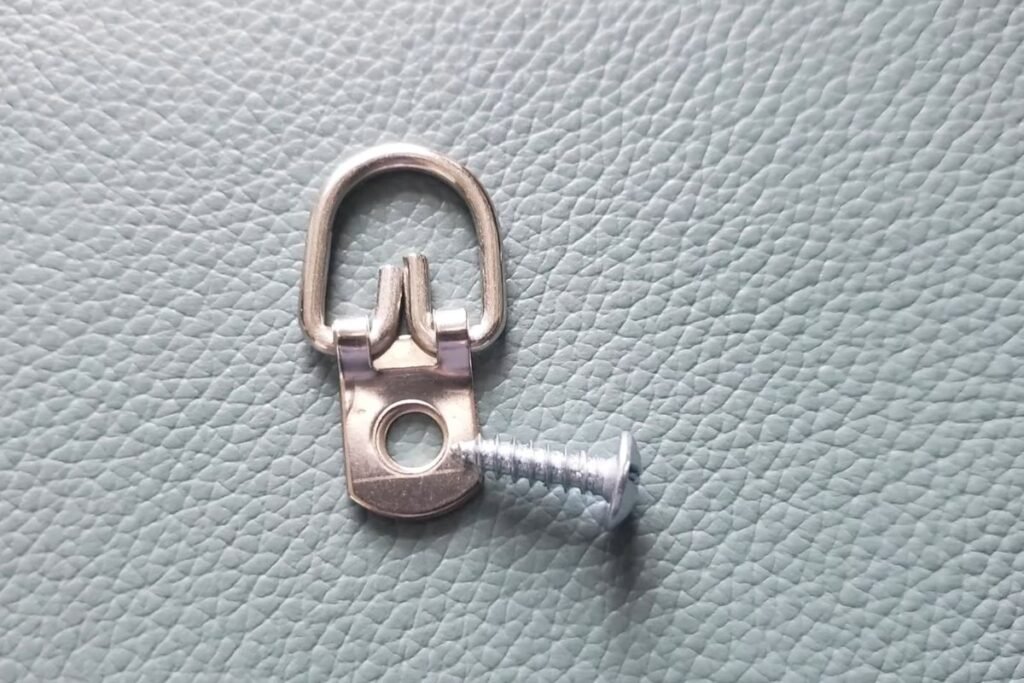A D-ring picture hanger with a short screw