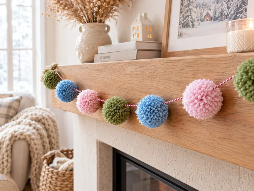DIY pom pom garland with green, blue and pink yarn pom poms on a cozy winter mantel