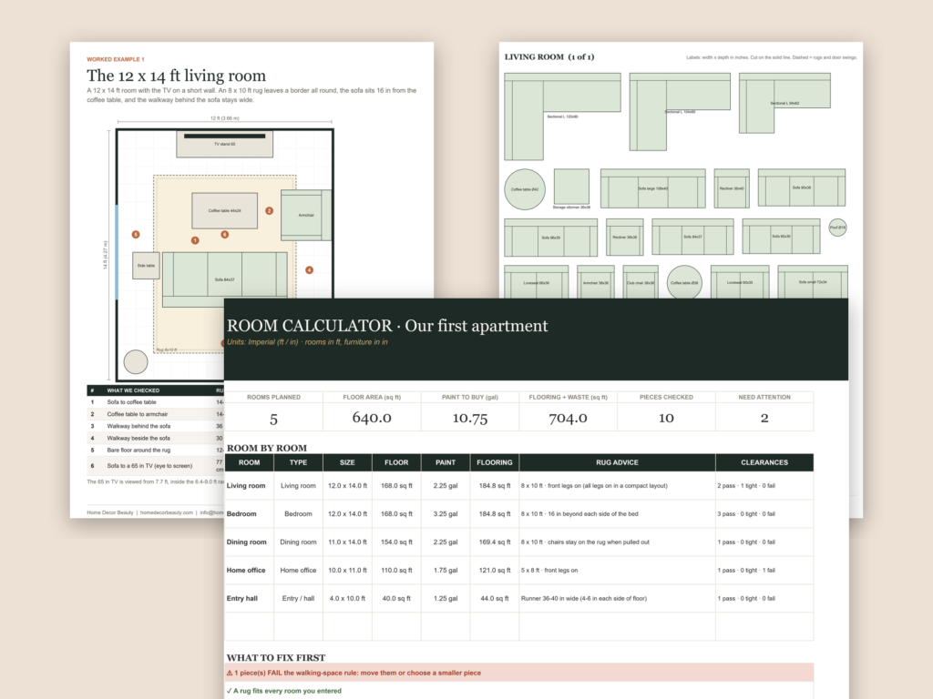 Room layout planner printable pages and Room Calculator dashboard