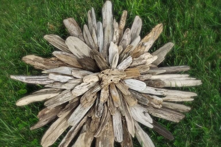 Finished driftwood starburst coastal wall decor piece lying on green grass
