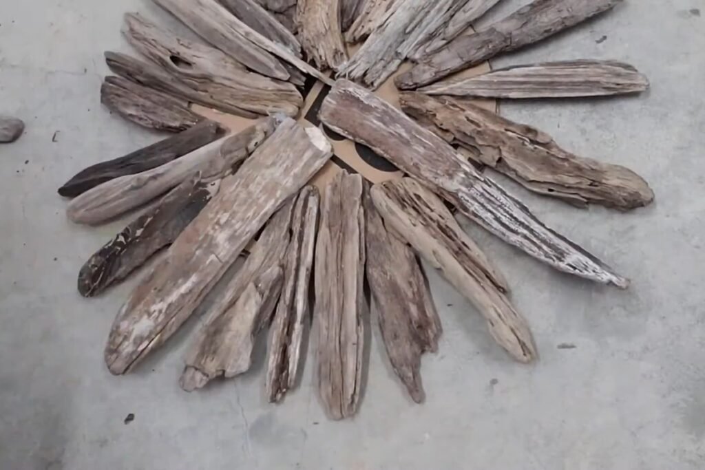 A complete first layer of driftwood arms glued around a cardboard circle