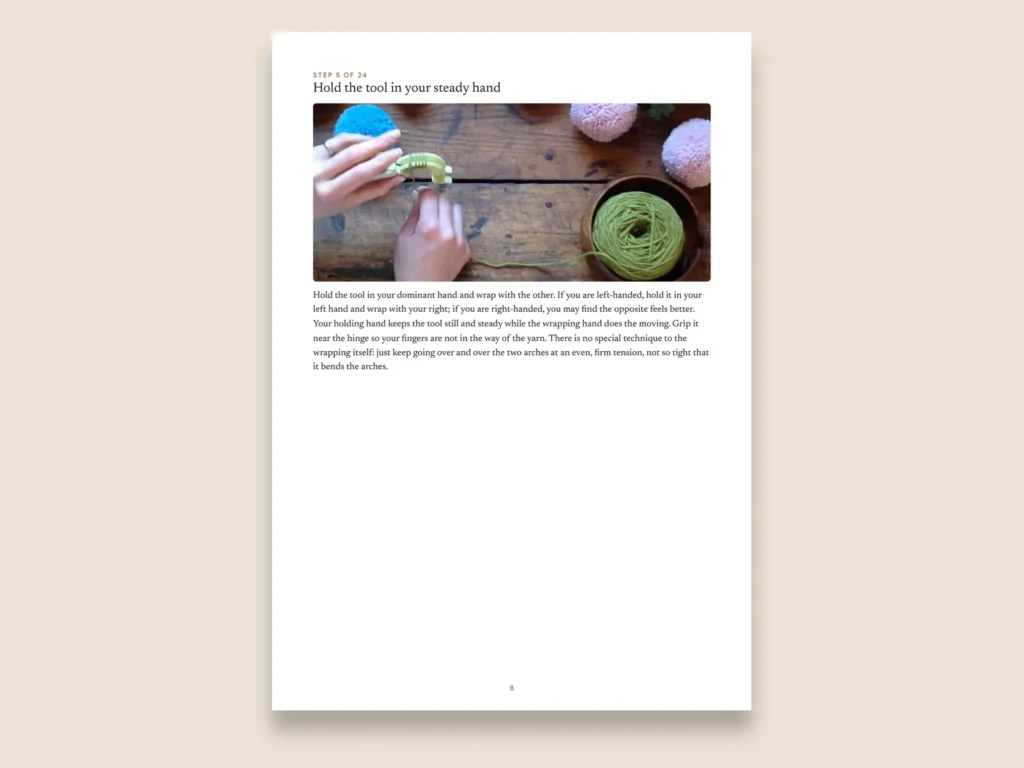Yarn pom pom garland guide page: step page with photo