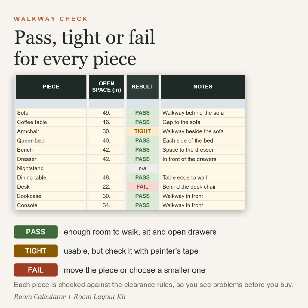 Furniture clearance check showing pass, tight or fail for every piece