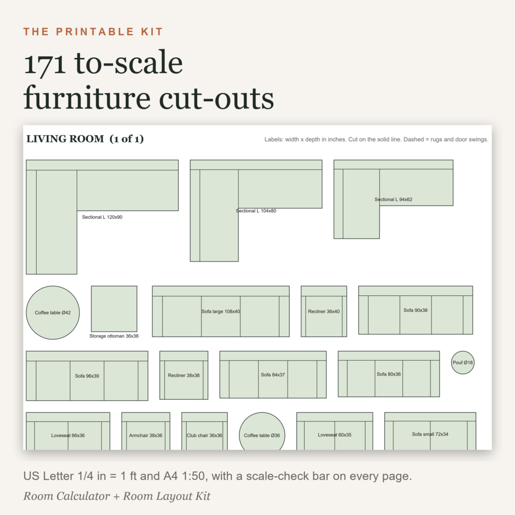 Printable furniture cut-outs and rug sizes at 1/4 inch to a foot