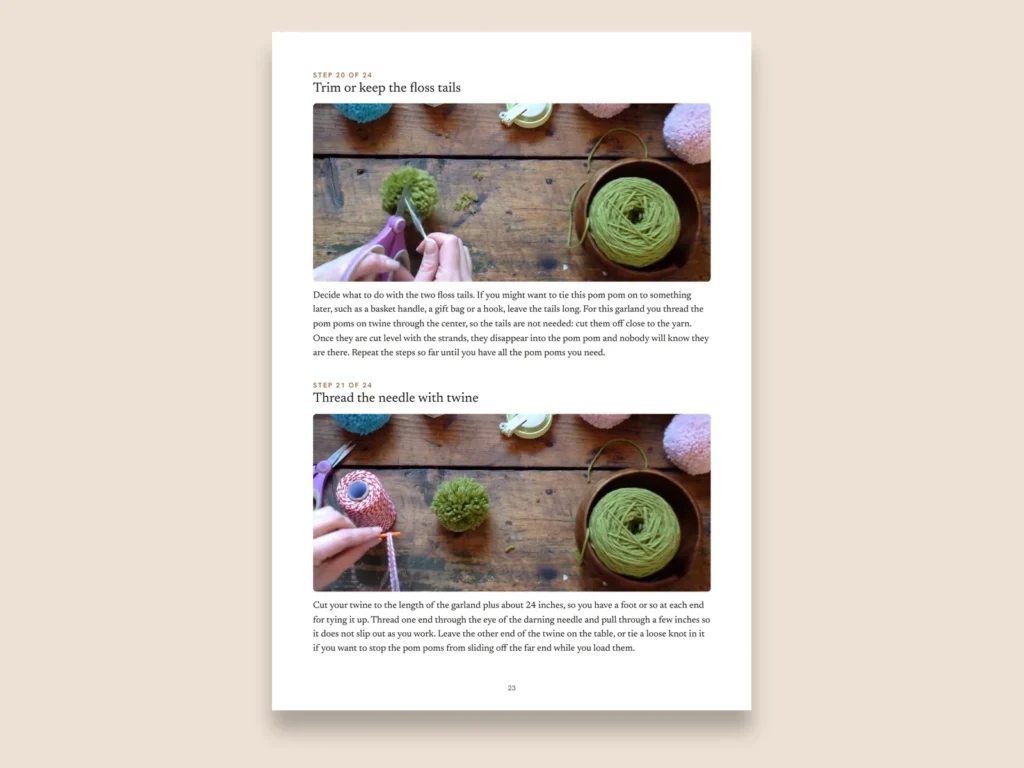 Yarn pom pom garland guide page: step page with photo