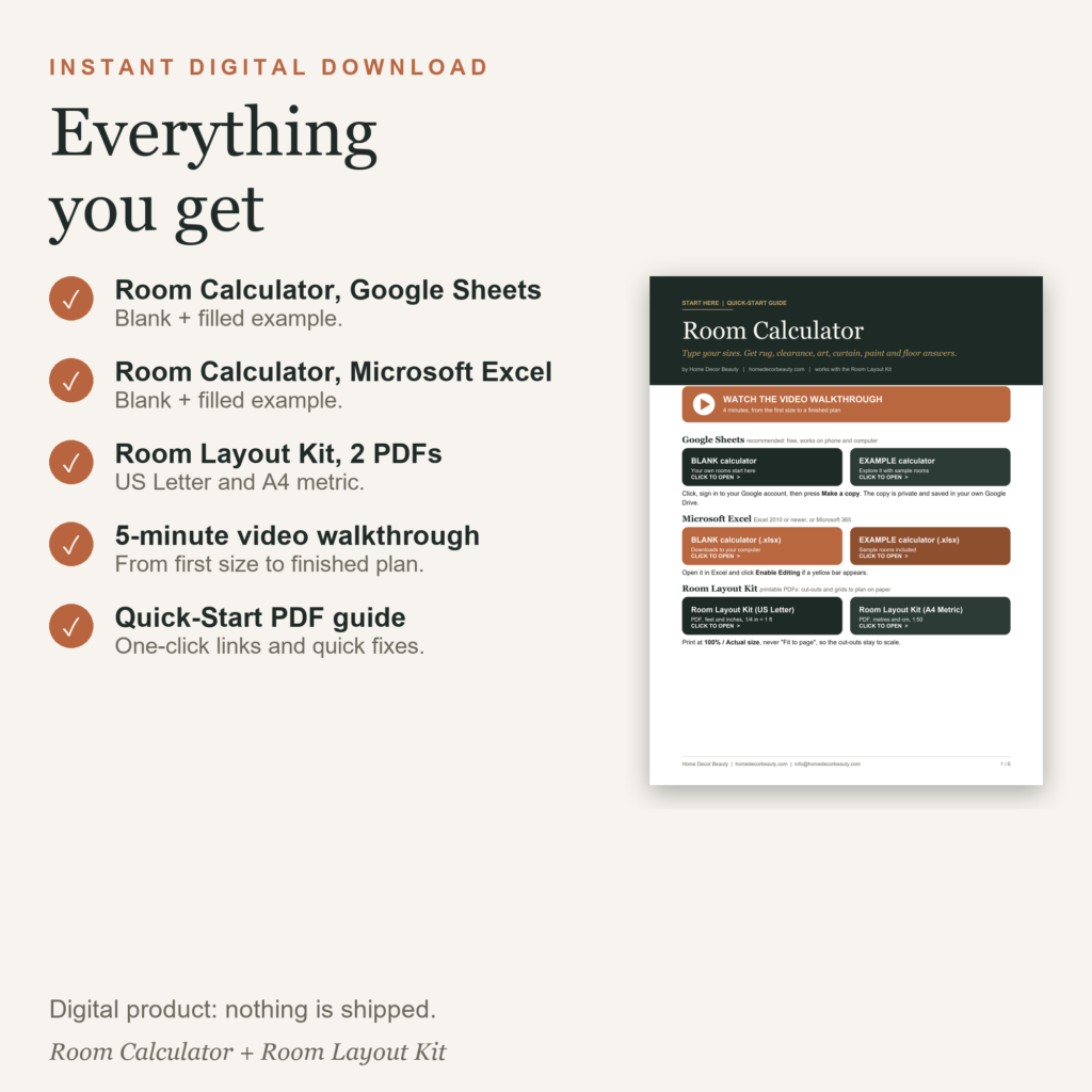 What is included: calculator in Sheets and Excel, two kit PDFs, video and quick-start guide