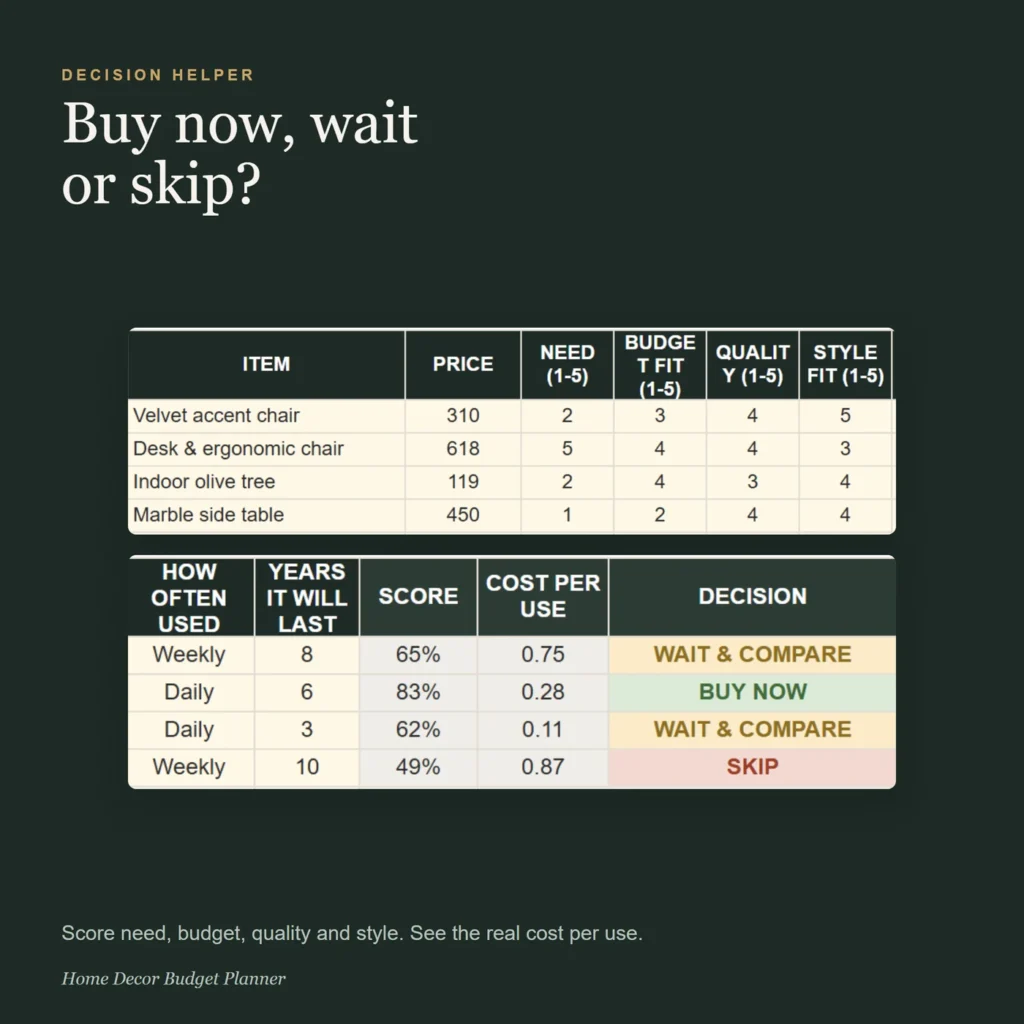 Decision Helper scores: buy now, wait or skip