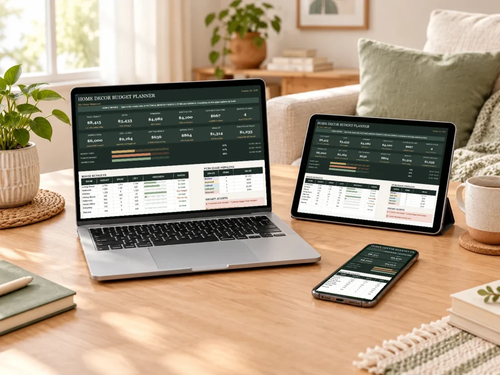 Home decor budget planner on a laptop, tablet and phone