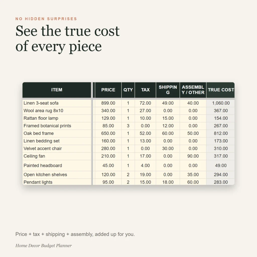 True cost of each piece with tax, shipping and assembly