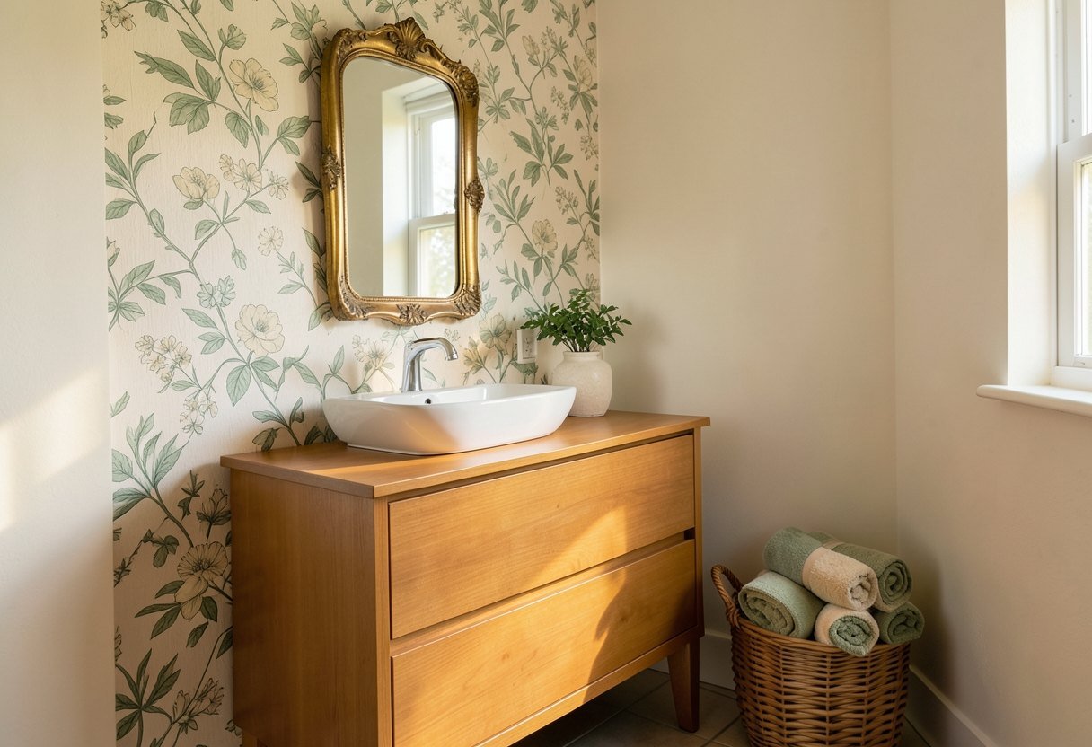Country bathroom decor with a wood dresser vanity, vessel sink and floral wallpaper
