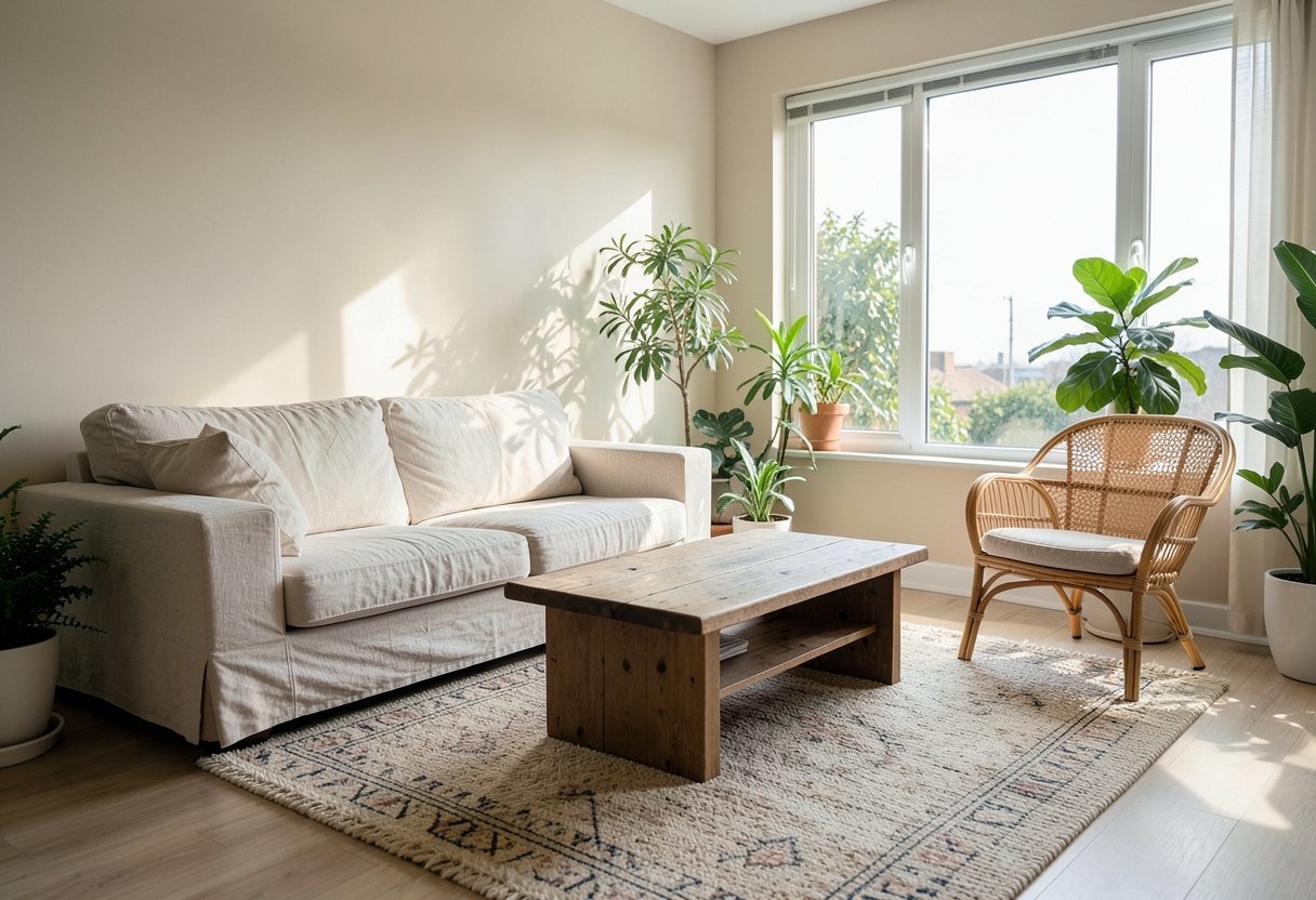 Home decor styles shown in a bright living room mixing Scandinavian and boho touches