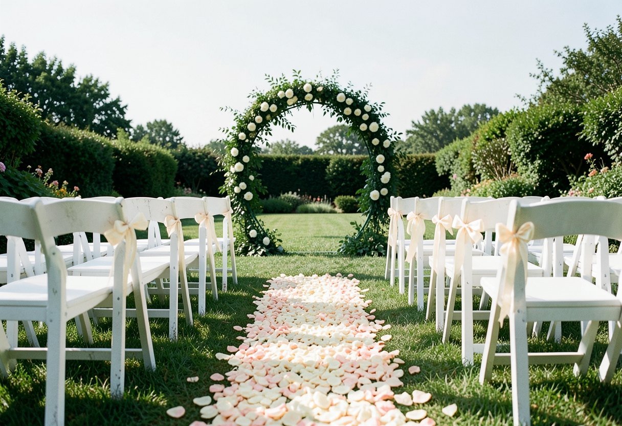 Wedding aisle decor with a petal path and ribbon bows on white chairs in a bright garden