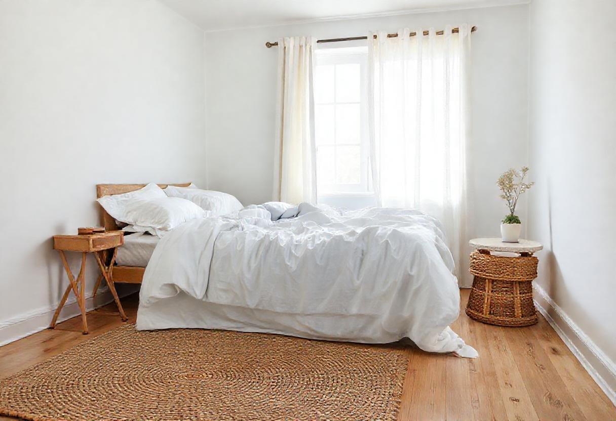 Summer bedroom decor with white linen bedding, sheer curtains and a woven rug in soft daylight