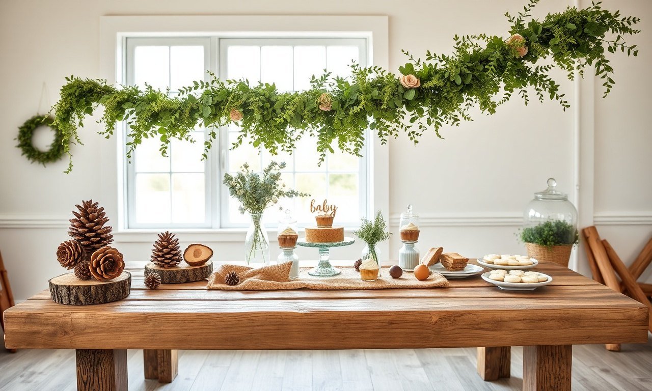 Woodland baby shower decorations on a rustic dessert table with wood rounds, pinecones and a moss garland