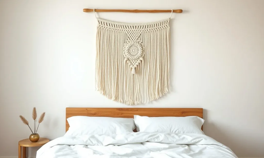 Macrame wall hanging above a white bed