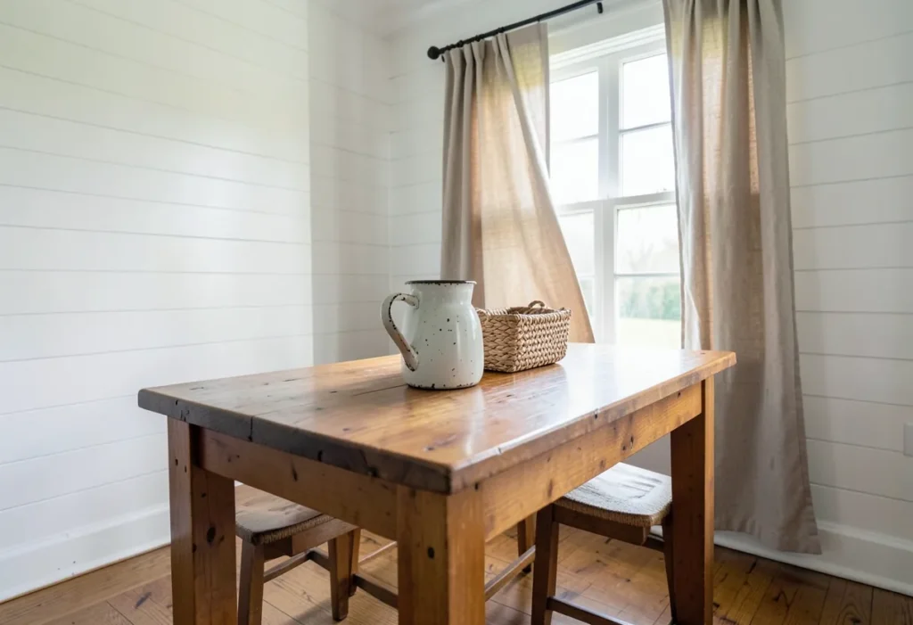 Farmhouse kitchen with white shiplap walls and a wood dining table