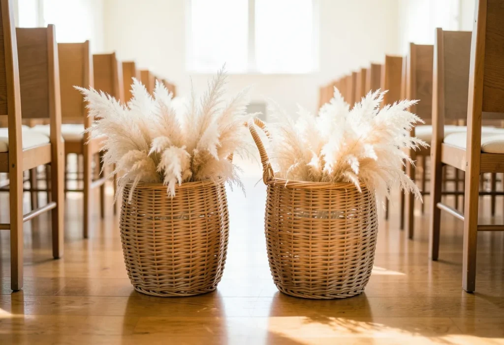 Woven baskets of pampas grass placed beside the first rows of chairs