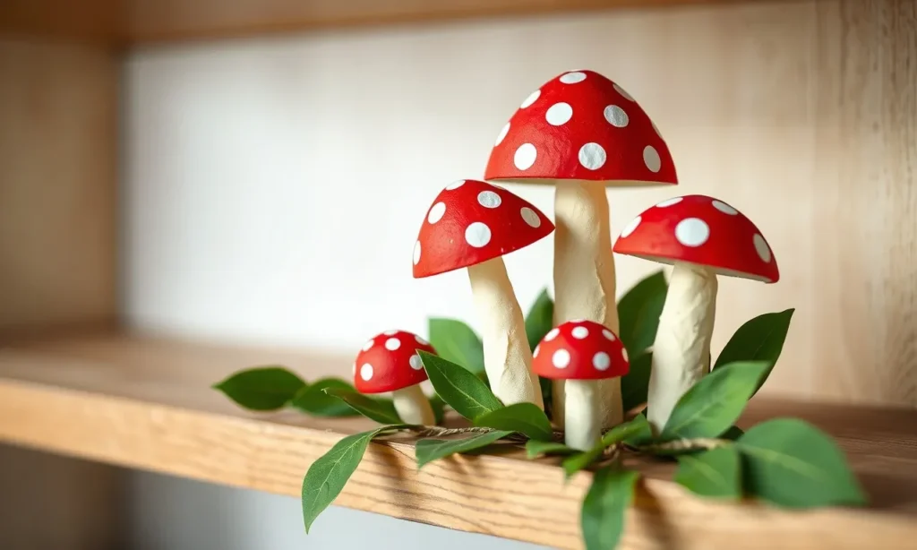 Paper mushrooms in red, cream and brown tucked into greenery on a shelf