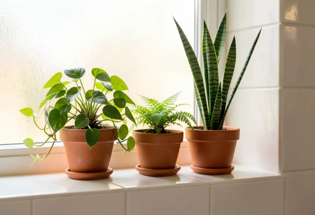 Terracotta pots with pothos and ferns on a bathroom windowsill