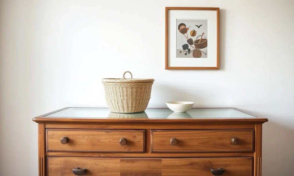 Lidded seagrass basket on a clear dresser top