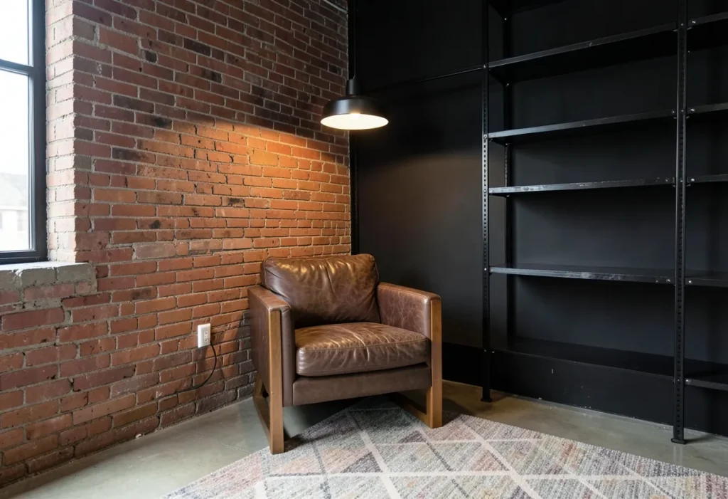 Industrial loft corner with metal shelving and black light fixtures