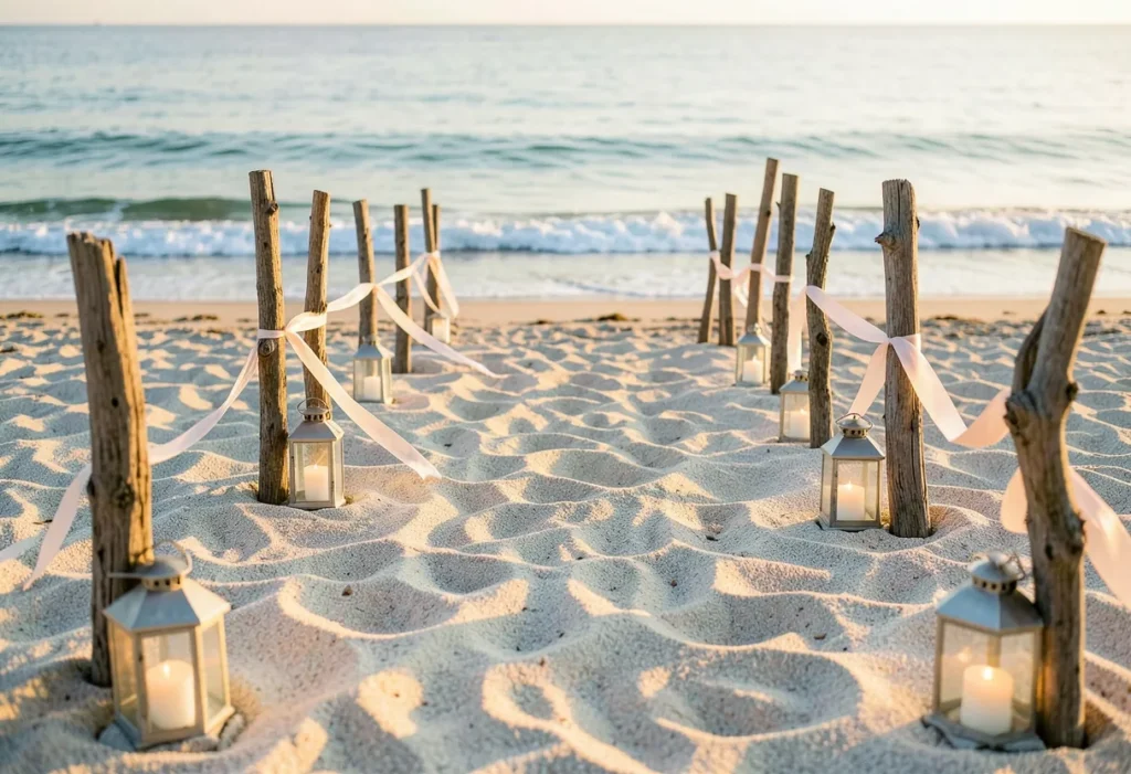 Lanterns pushed into the sand along a beach wedding aisle