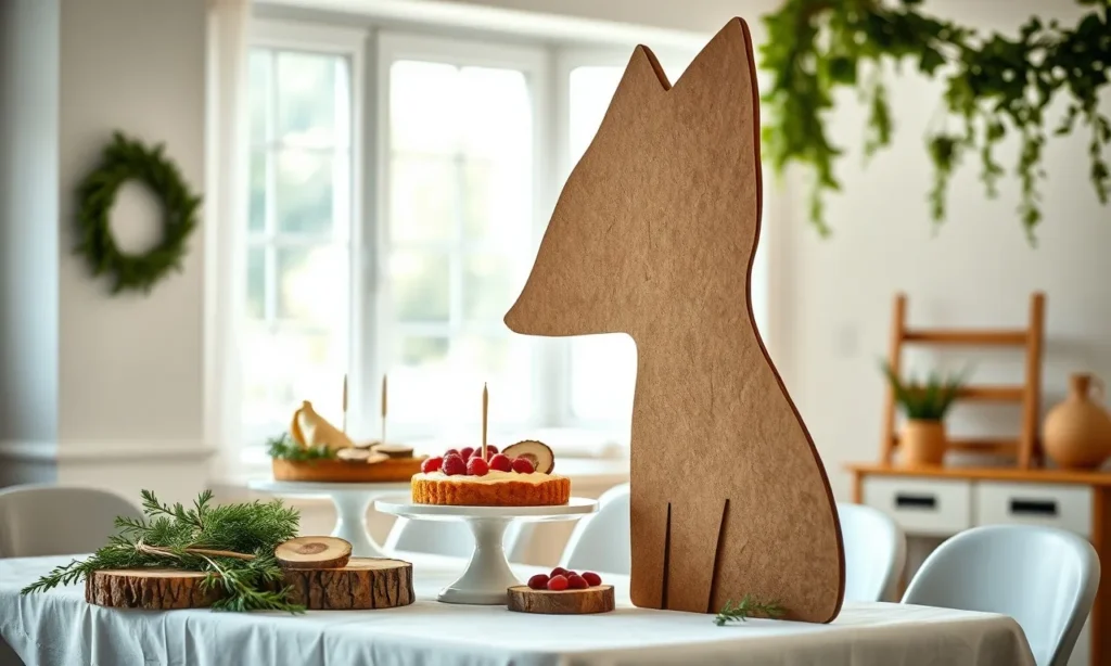 Giant cardboard fox covered in brown paper standing beside a cake table