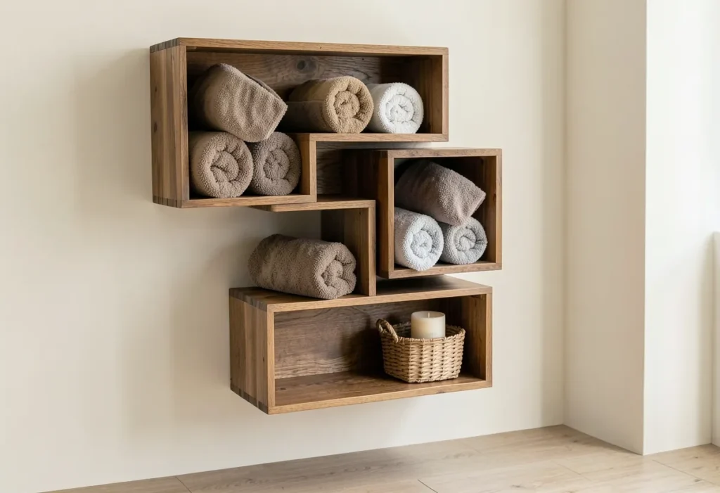 Wooden crates mounted as bathroom wall shelves holding towels
