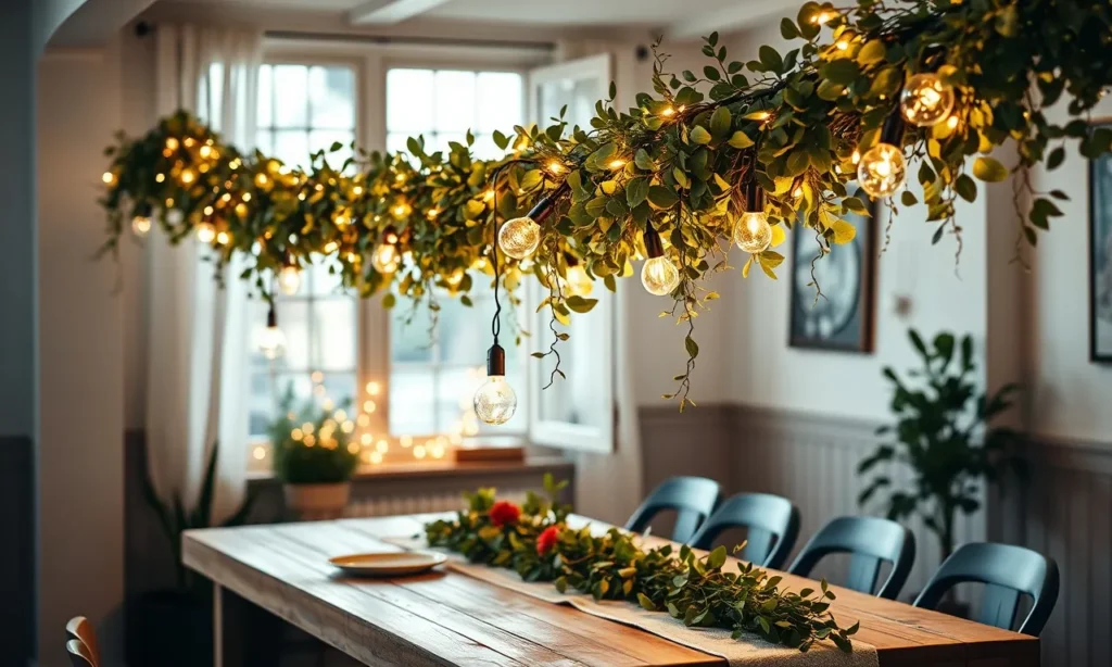 Warm white fairy lights woven through a greenery garland