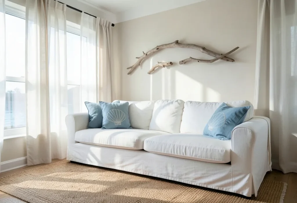 Coastal living room with jute rug, linen sofa and driftwood art