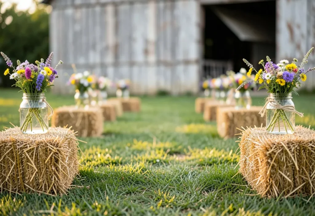 Mason jars of wildflowers tied with twine along a rustic wedding path